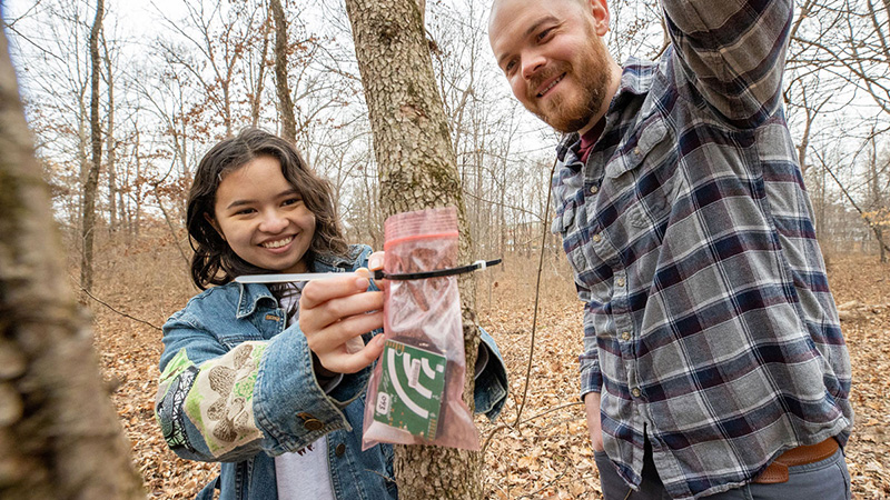Brent Pease and Rebecca Ducay hang a nature listening device